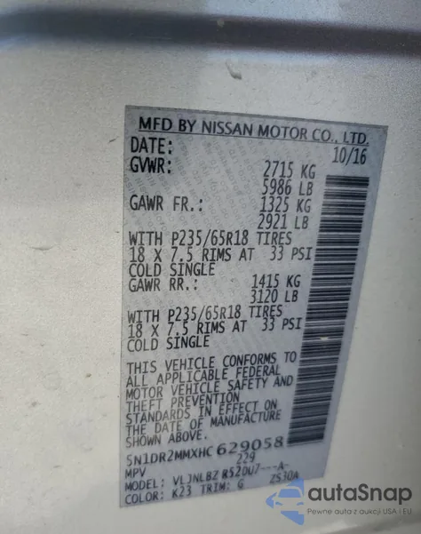 2017 Nissan Pathfinder S z USA, uszkodzony, nr VIN 5N1DR2MMXHC629058